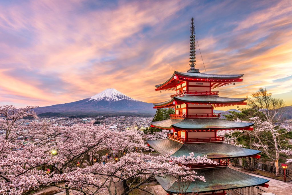 Japonská pagoda před horou Fuji obklopená třešňovými květy při západu slunce – jedinečný pohled na cestě kolem světa